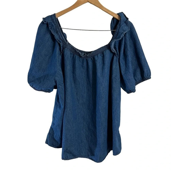 Lane Bryant Chambray Blouse Plus Size 22 Short Puff Sleeves Seersucker Neckline - Picture 1 of 5